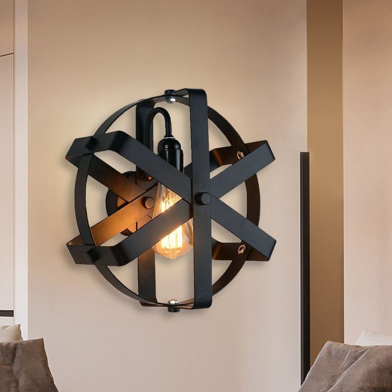 Metallic Black Wall Mount Light Round Shade 1 Light Industrial Style Sconce Lighting with Gear Design