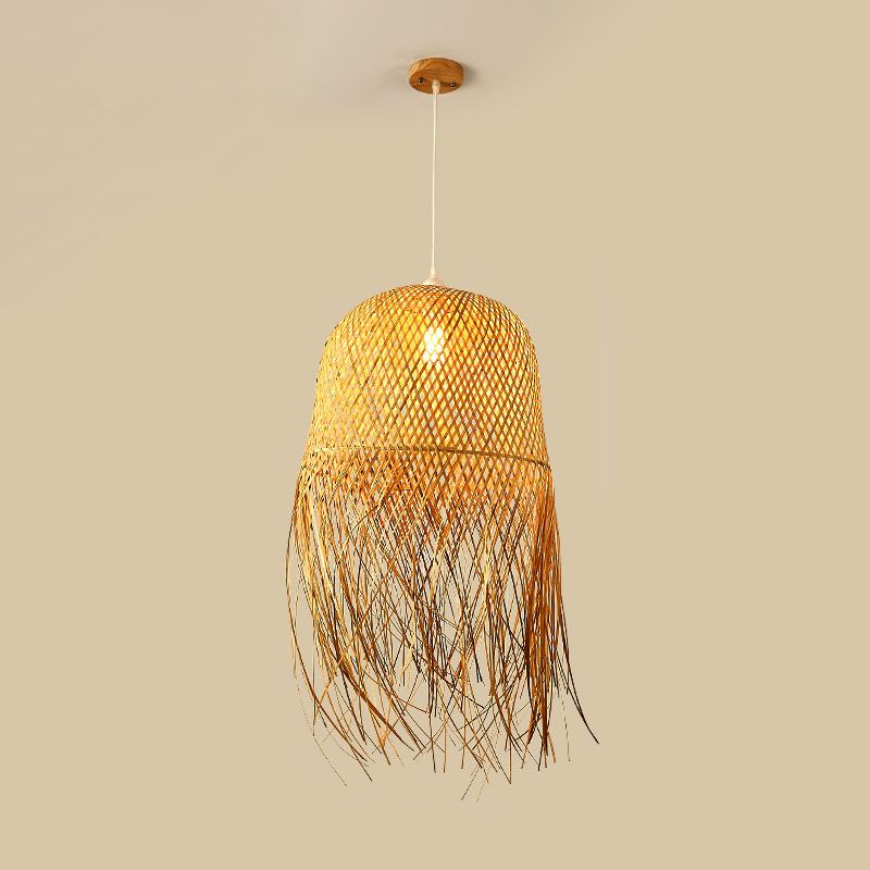 Webenkuppel Pendelleuchte Leuchte Asian Bambus 1-Licht Esszimmer Deckenlampe mit Fransen in Holz