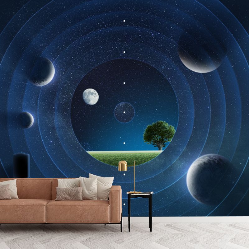 Space Time Tunnel Wall Mural Futuristic Non-Woven Wall Covering in Blue, Custom Made