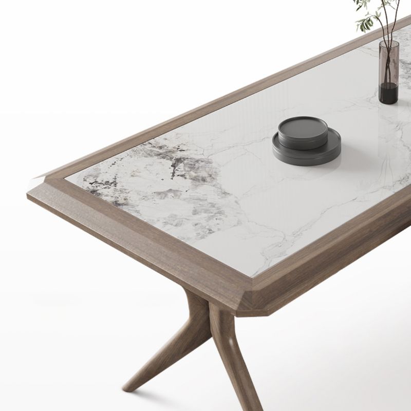 Modern Rectangular Stone Top Dining Table with Solid Wood Legs for Living Room