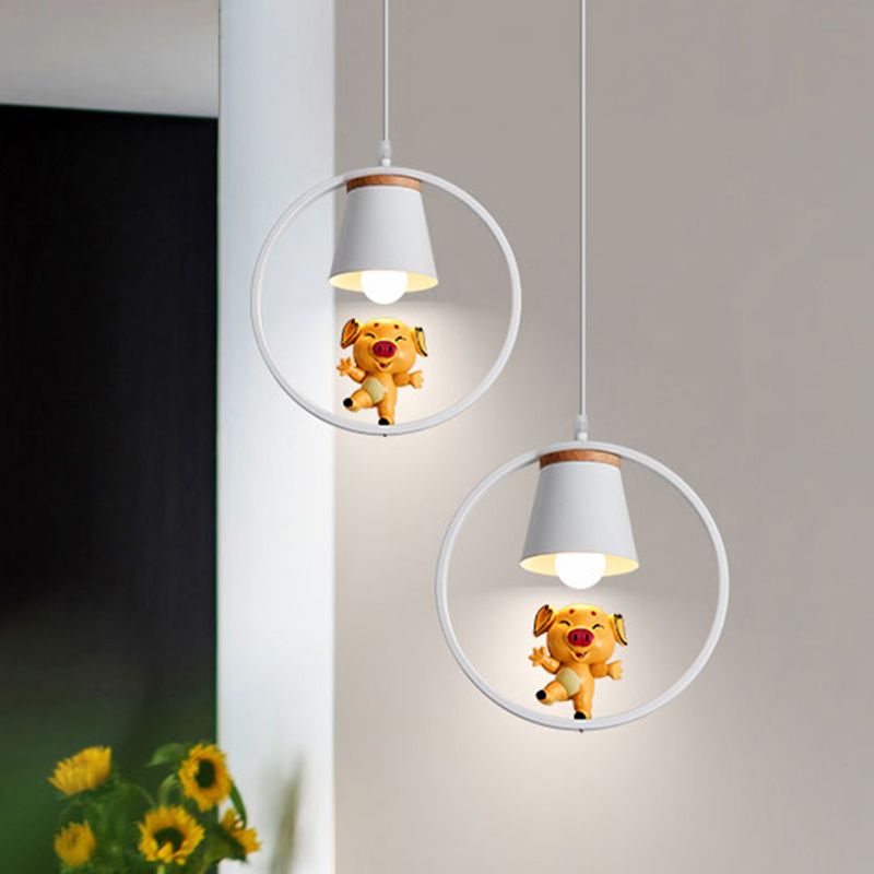 Pig Resin Pendant Lighting Cartoon 1-Light Yellow Suspension Lamp with White Ring