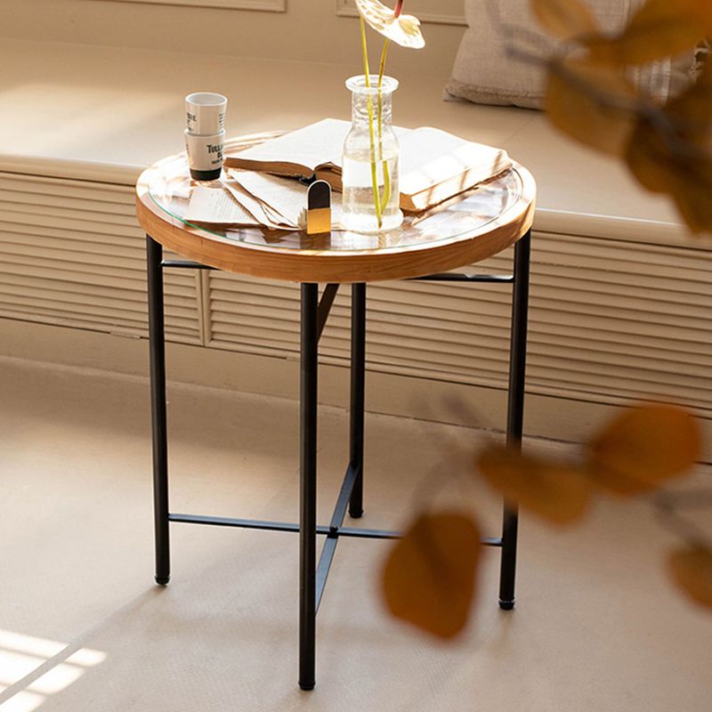 Dia 19.7" Cross Legs End Table Distressed Wood Side Table with Engraved Design