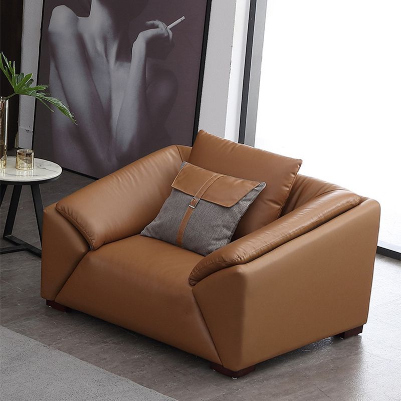 Orange Faux Leather Sofa Modern Pillow Top Arm Sofa with Pillows