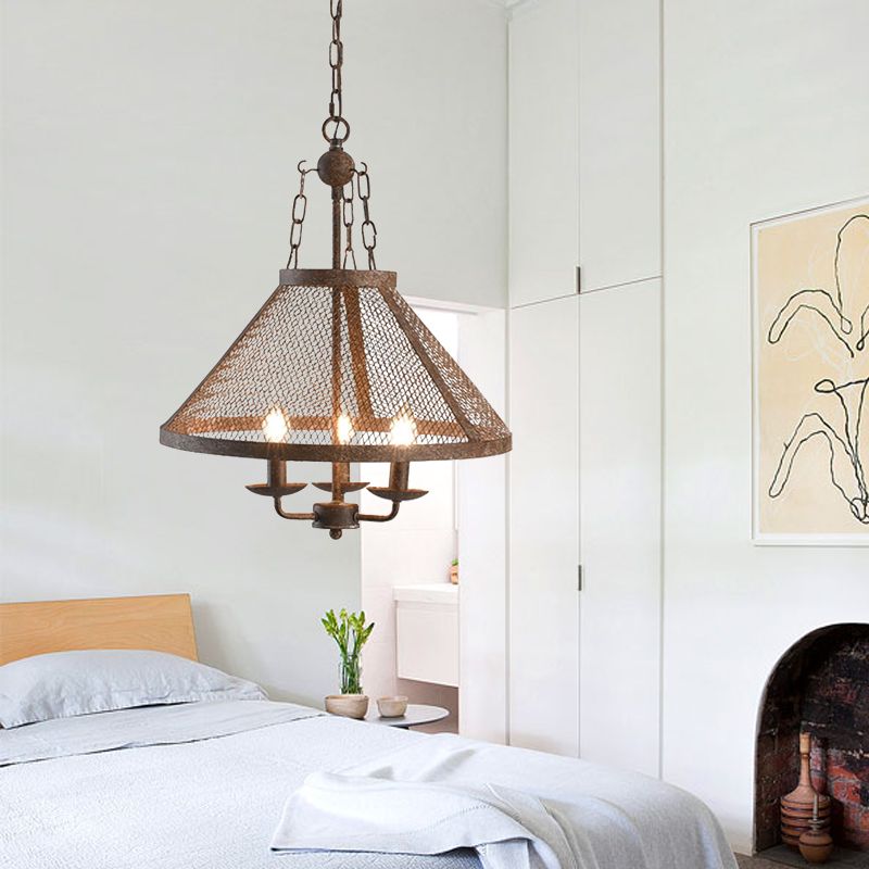 Pendre évasé en maillage antique avec bougie 3 lumières Metal Chandelier Lampe en rouille foncée pour salle à manger