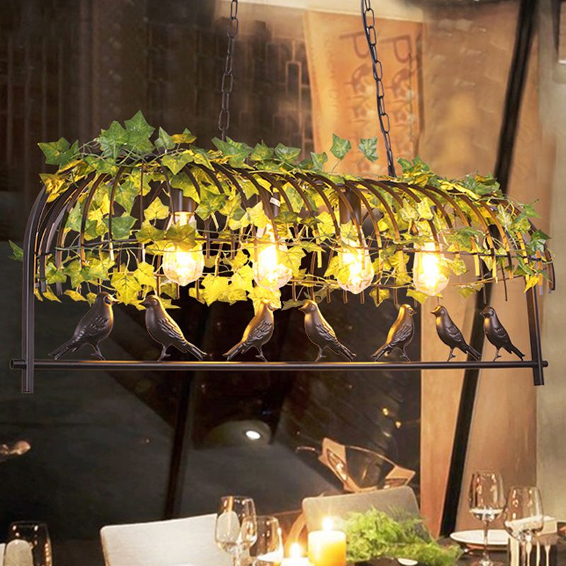 4-Light Caged Island Light Industrial Black Metal Pendant Lighting for Dining Room with Bird