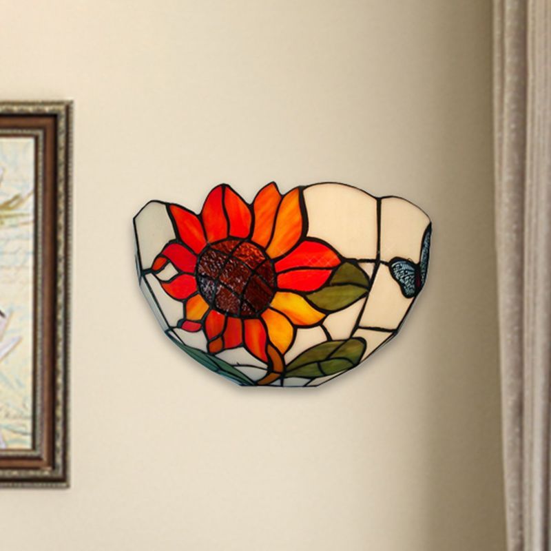 Sunflower Wall Lighting with Bowl Shade Stained Glass Rustic Tiffany Sconce Light