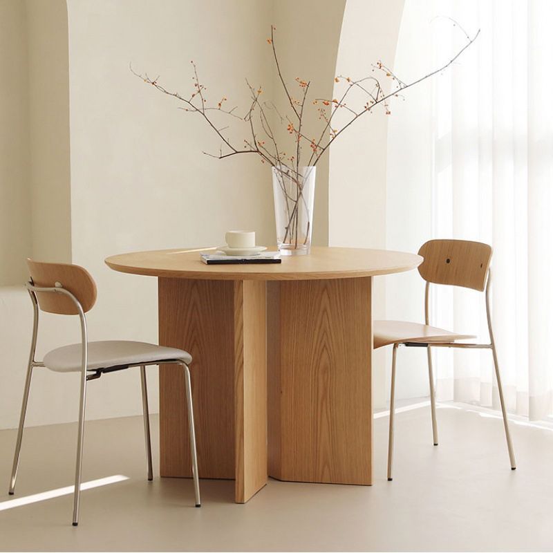 Round Solid Wood Dining Table Modern Brown or Natural Furniture with Wood Base