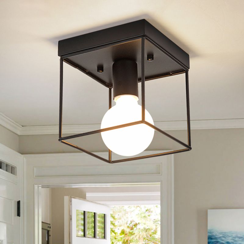 1 Light Ceiling Light Fixture with Frame Squared Shade Metal Industrial Indoor Flushmount Light in Black/White