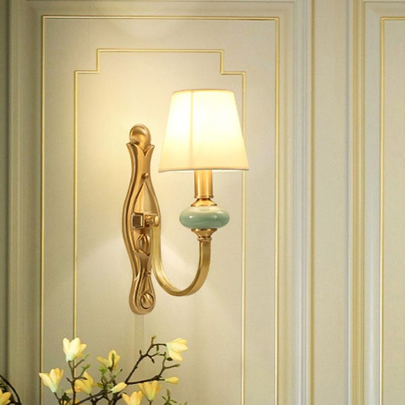 Contemporary Tapered Shape Sconce Fabric Single-Bulb Living Room Wall Light Fixture with Arc Arm in Gold