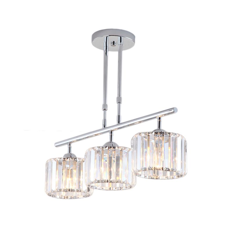 Chrome Drum Island Chandelier Light Contemporary Crystal 3/4 Bulbs Pendant Light Fixture for Bedroom