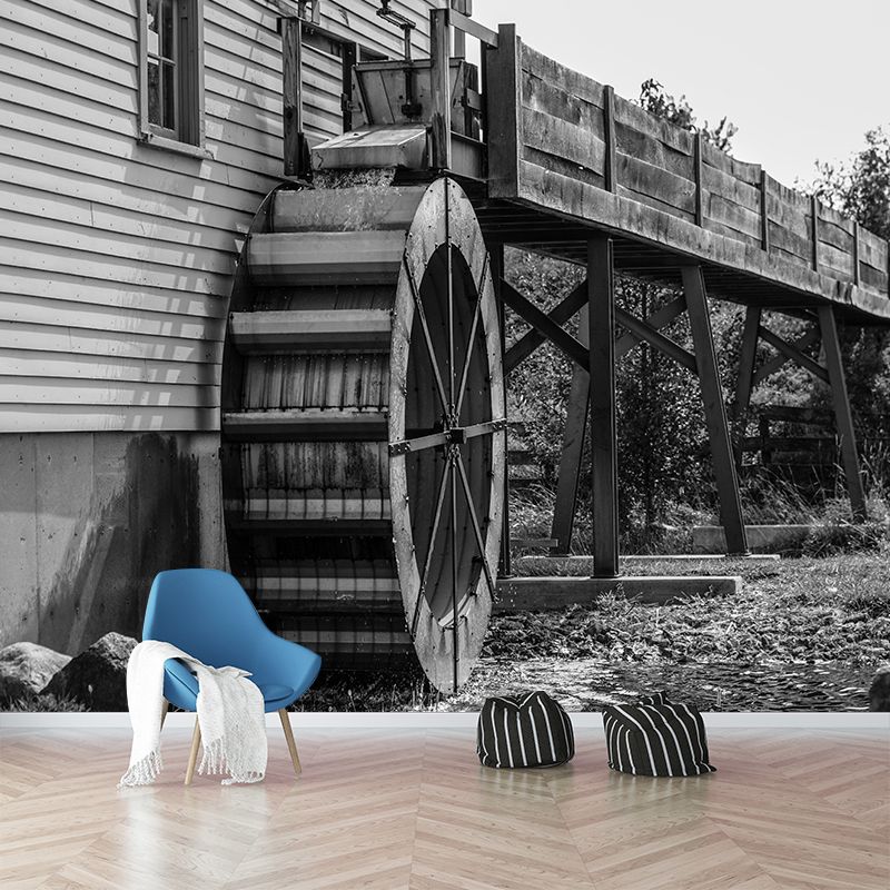Photography Country Mural Wallpaper with Water Mill  Painting for Decoration