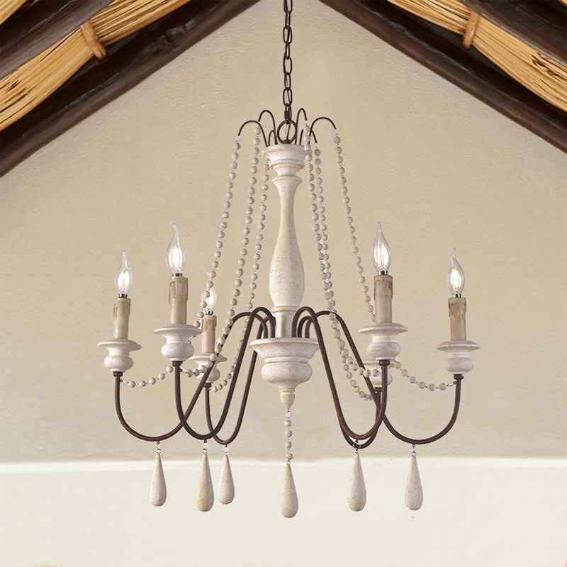 Rural Candle Pendulum Light 6 Bulbs Wood Chandelier Lighting Fixture in White with Bead Strand