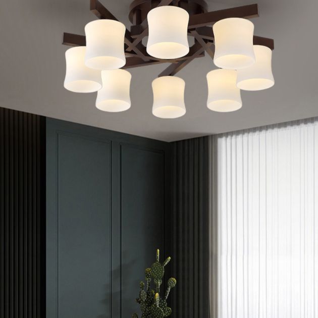 Chinese Style Wooden Semi Flush Mount Lighting White Acrylic Shade Ceiling Lamp for Dining Room