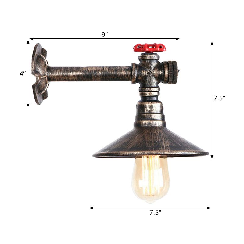 Montaje de pared de bronce antiguo metálico Tubo de agua 1 bulbo Iluminación de pared de loft industrial con sombra de cono