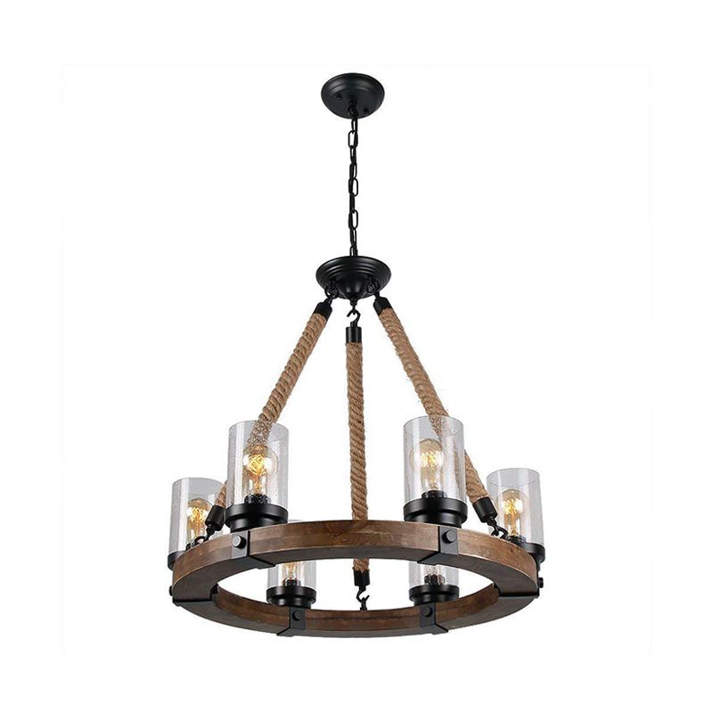 Iluminación colgante de rueda beige madera tradicional 1 lámpara de estar de sala de estar con sombra de cilindro