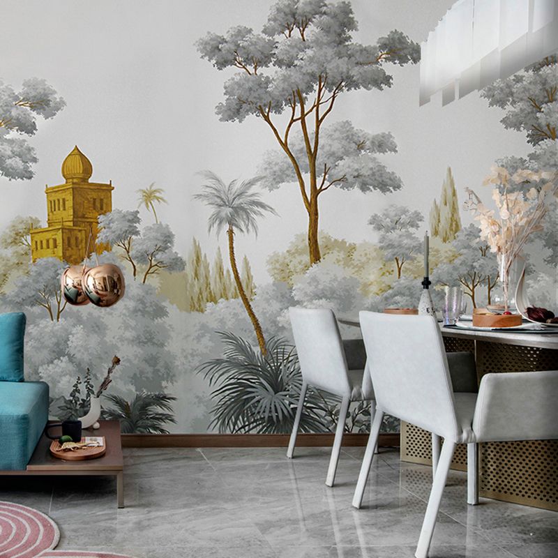 Simple Castle and Tree Mural Wallpaper for Home Decoration, Extra Large Wall Art in Grey and Green