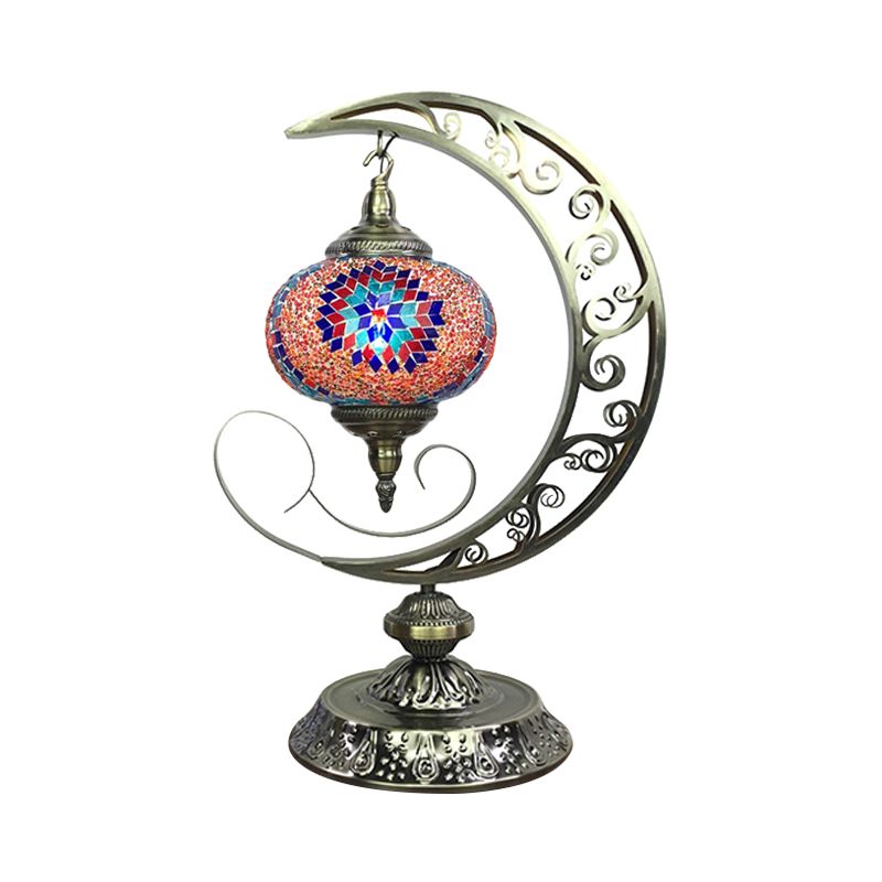 Global Bedroom Nightstand Lamp Decorative Stained Glass 1 Light White/Red/Pink Desk Light with Moon Design