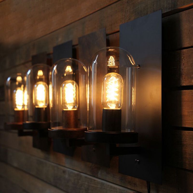 Schwarze einzelne Wandleuchten im industriellen Vintage -Stil Schmiedeeisenwandlampe mit Glasschatten