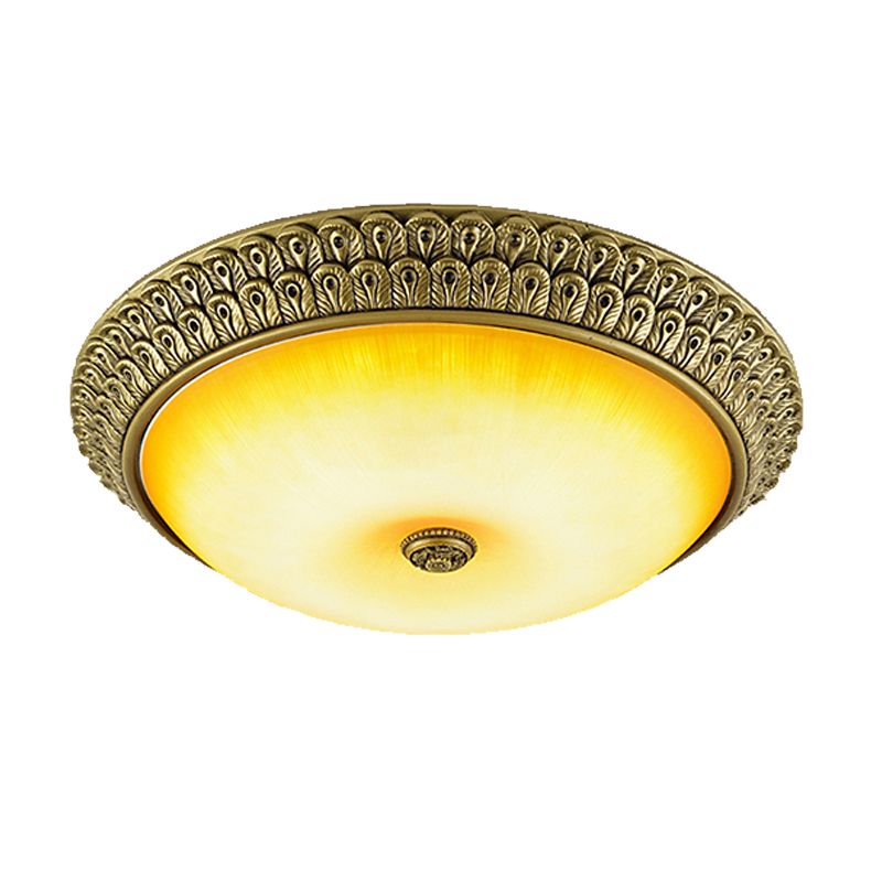 Rustic Circular Flush Light Amber Glass LED Ceiling Mounted Fixture in Gold, 12"/16"/19.5" Wide