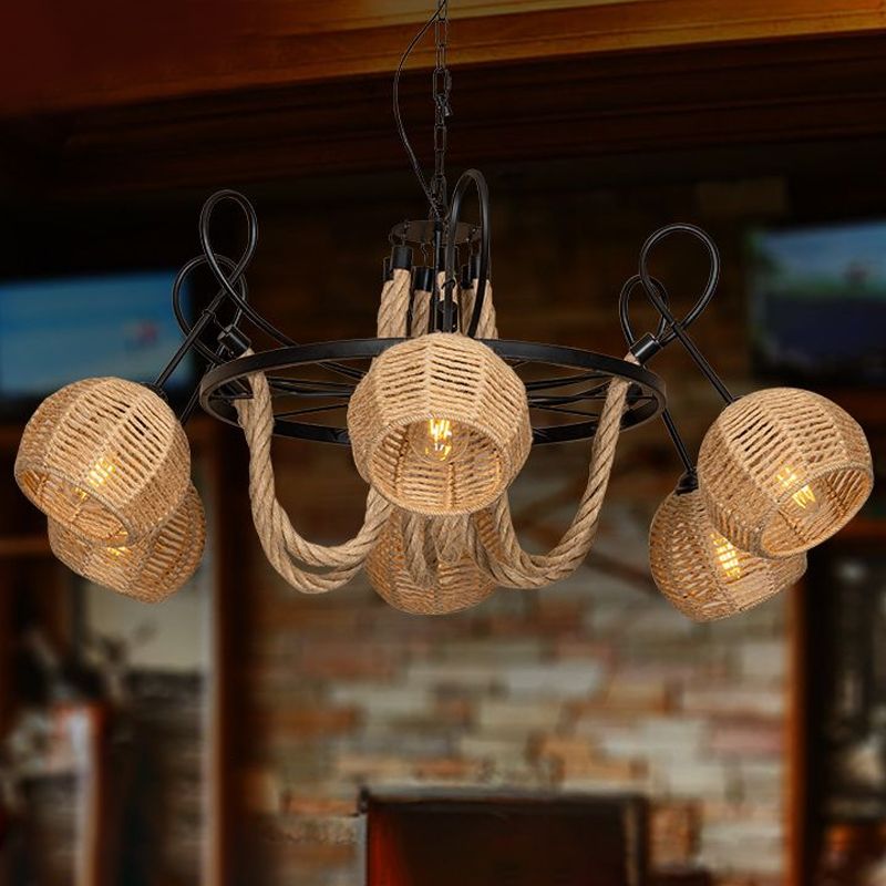 Farmhouse Wheel Hanging Pendant 6-Head Iron Chandelier Light with Dome Roped Shade in Brown