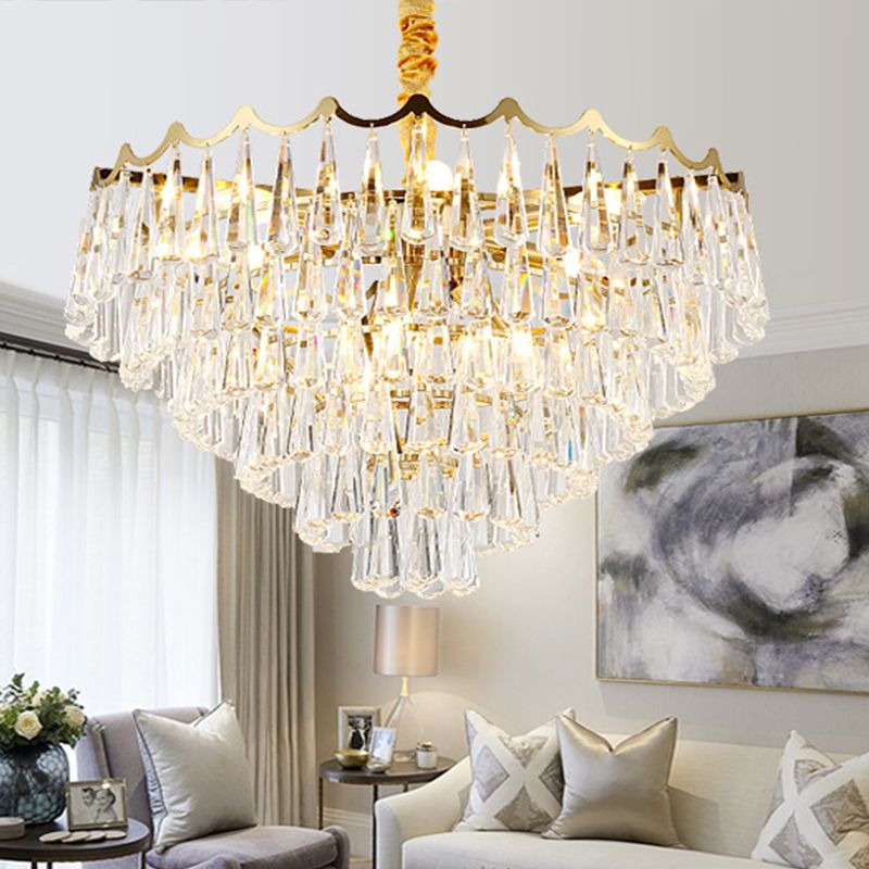 Tapered Waterdrop Crystal Chandelier Light Postmodern 9 Heads Living Room Ceiling Light in Gold