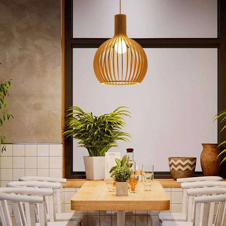 Modern Wood Pendant Lighting Fixture 1-Light Suspension Pendant Light in Natural Wood