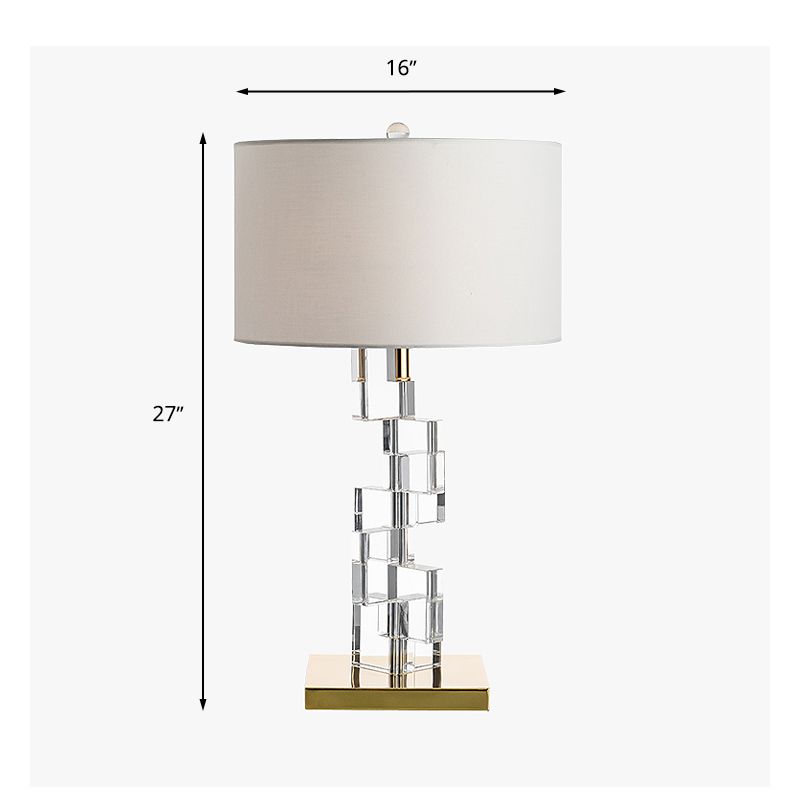 Tissu table blanc tambour léger 1 bulbe lampe de table de chevet traditionnelle avec déco de bloc de verre transparent luxé