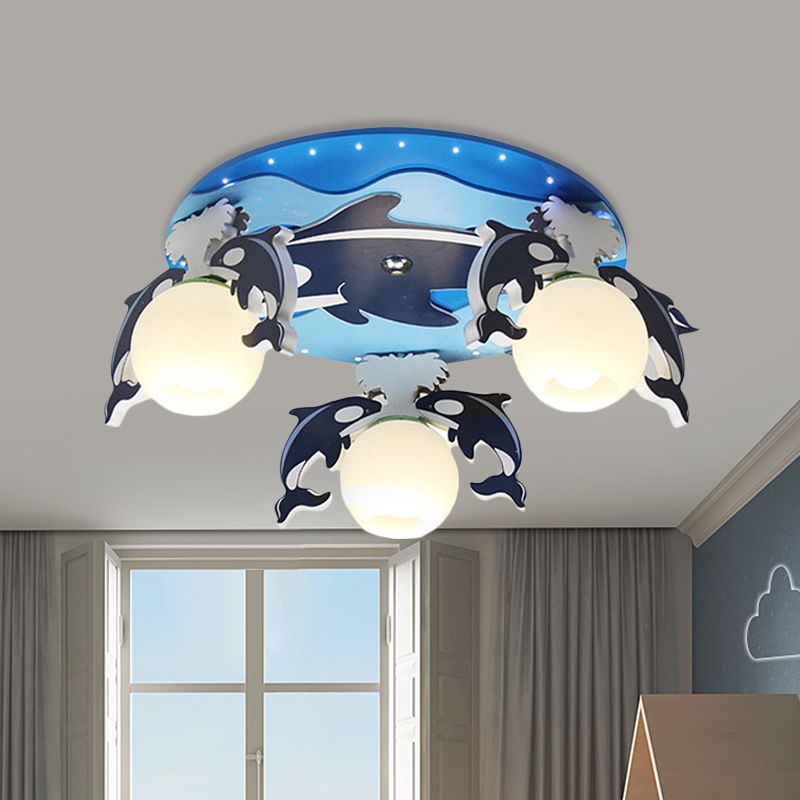 Kids Dolphin Wood Flush Light Fixture 3 Heads Close to Ceiling Lamp in Blue with Dome Milk Glass Shade