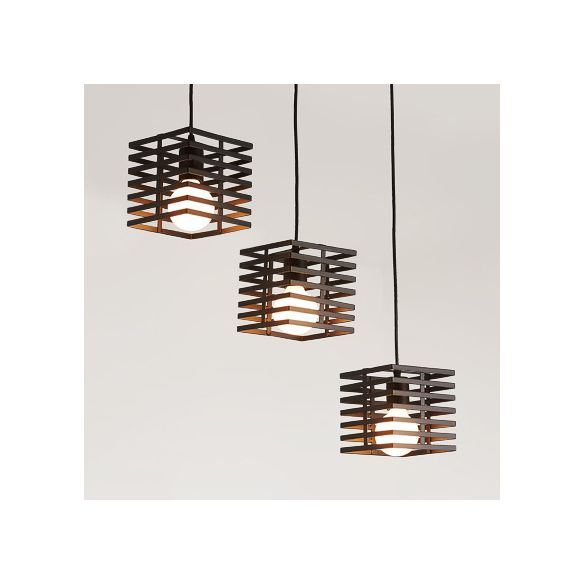 3 Lights Cubic Hanging Lamp with Cage Shade Retro Industrial Black/White Metal Pendant Lighting