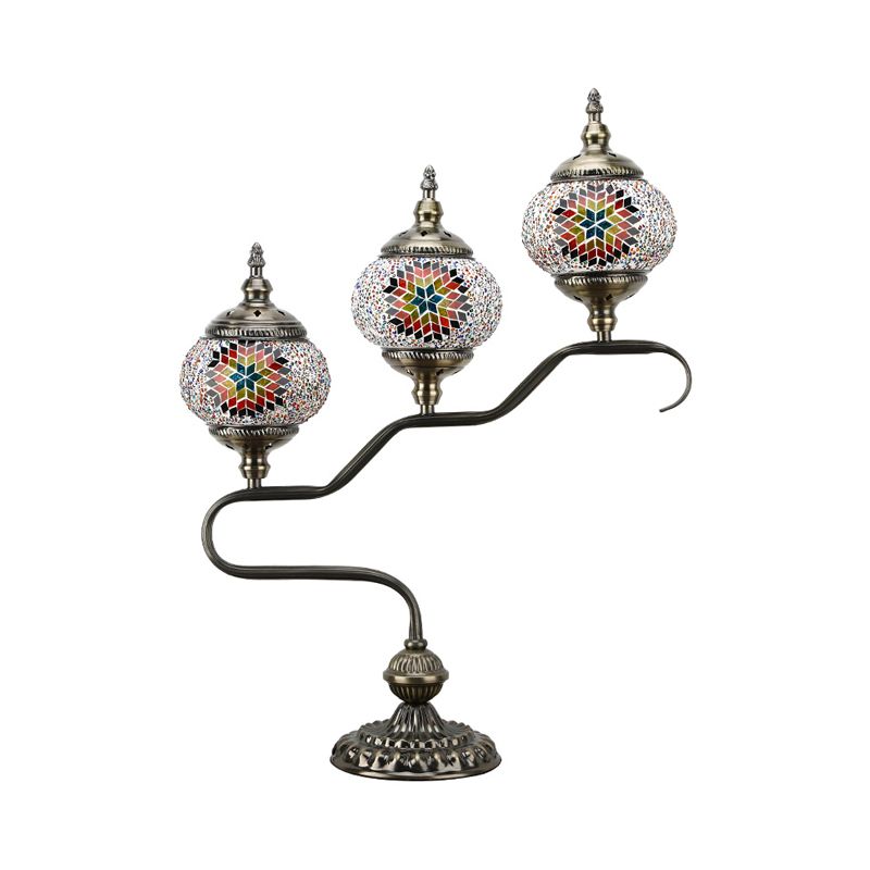 3 Heads Stained Glass Night Light Mediterranean Red/Orange/Blue Tower Bedroom Table Lamp with Step Design