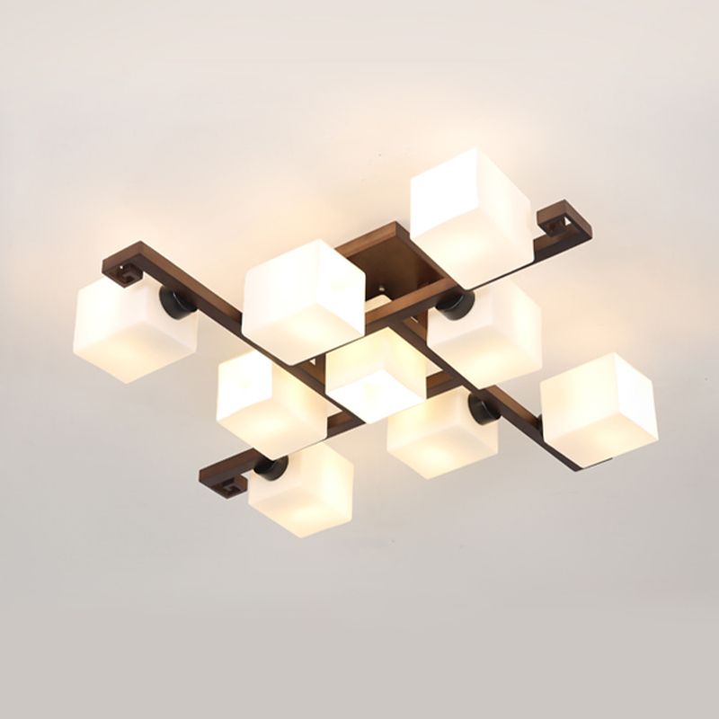 Square Shape Wood Flush Light Modern Style Multi Lights Flush Mount Fixture