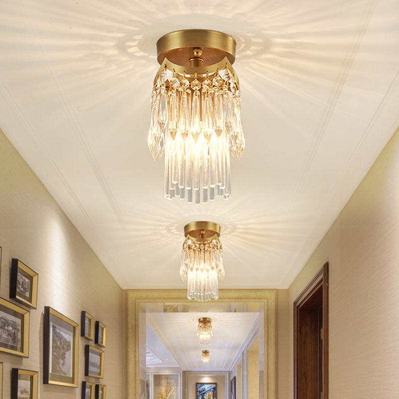 Brass Cylinder Ceiling Light Modern 1 Light Crystal Semi Flush Mount Light for Corridor