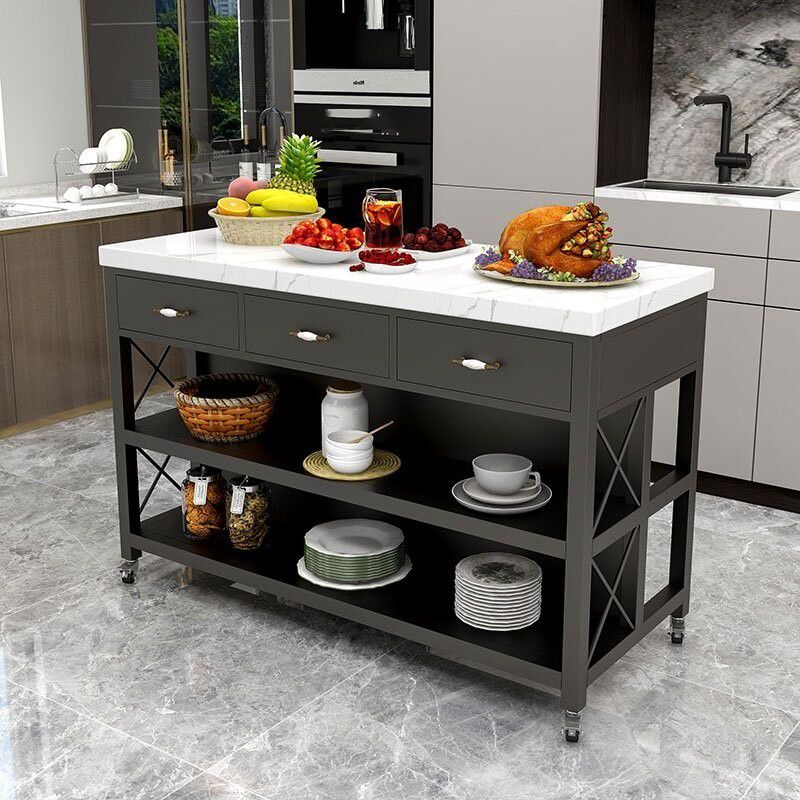 Modern Style Stationary Kitchen Trolley Marble Kitchen Trolley for Dining Room