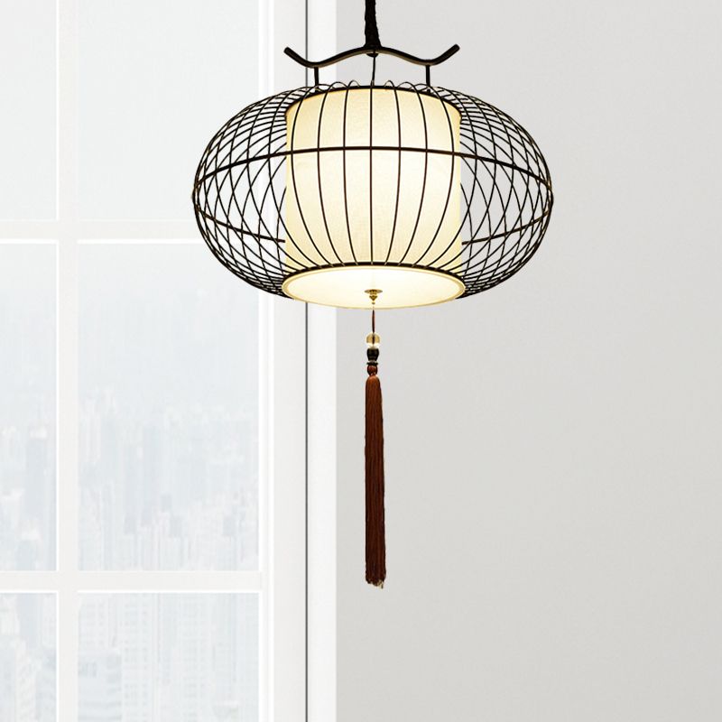 Style chinois 1 lumière suspendue suspendue avec ombre à bambou Black / Gol Lantern plafond pour intérieur, 16 "/21,5" W