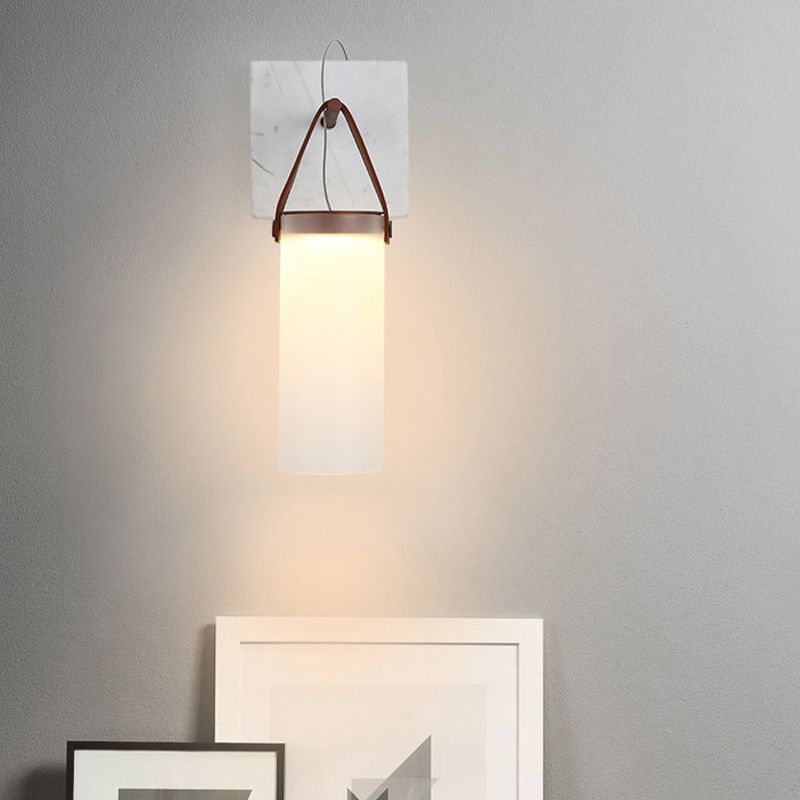 Cylinder Bedside Wall Hanging Light White Glass Nordic LED Wall Light with Leather Strap