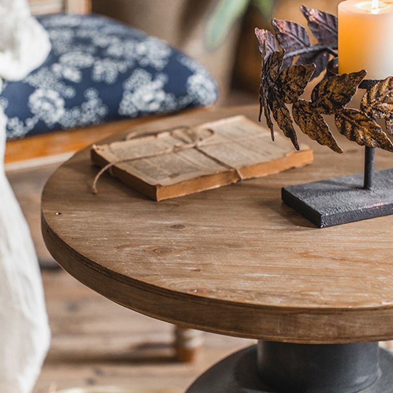 Wood Pedestal Side Table Rustic Round End Table in Distressed Finish