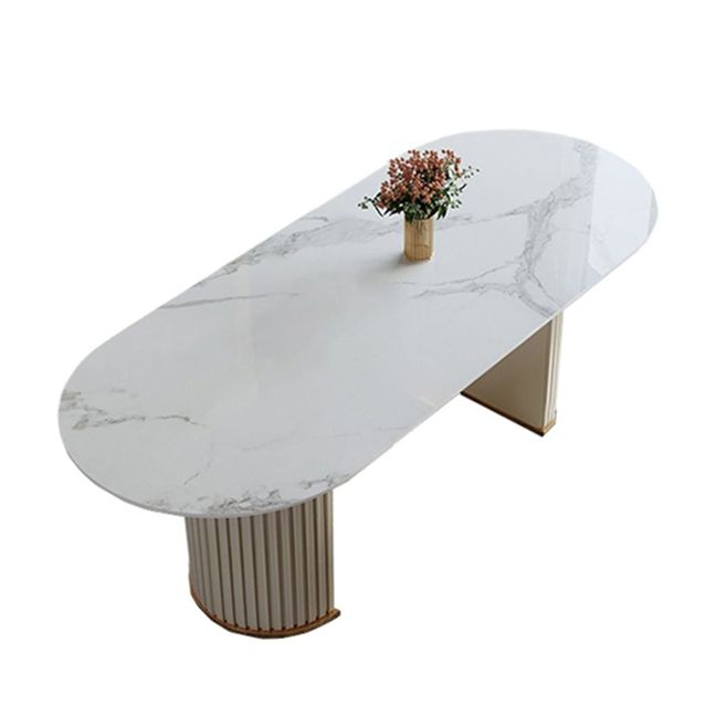 Contemporary White Oval DiningTable Sintered Stone Top Double Pedestal Table