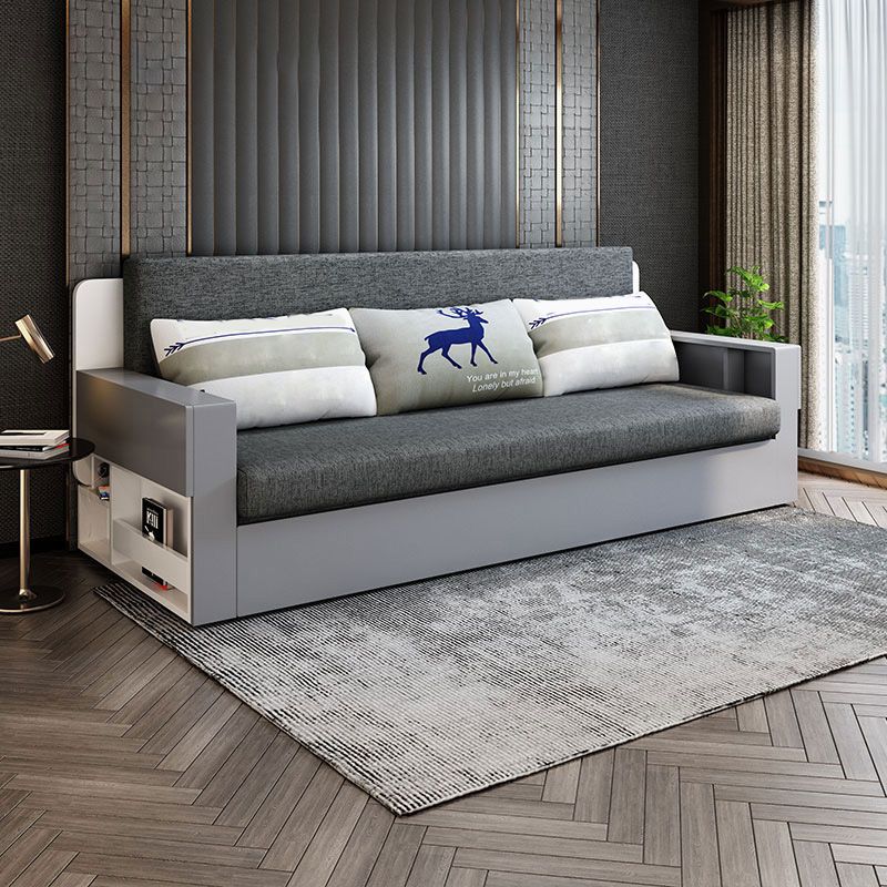 Contemporary Grey Sleeper Sofa in Linen Blend and Solid Wood
