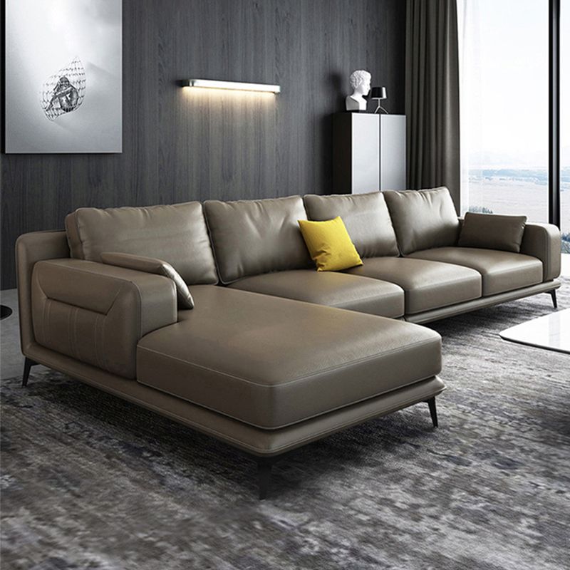 Stationary Genuine Leather Living Room Recessed Arm Pillows Sofa