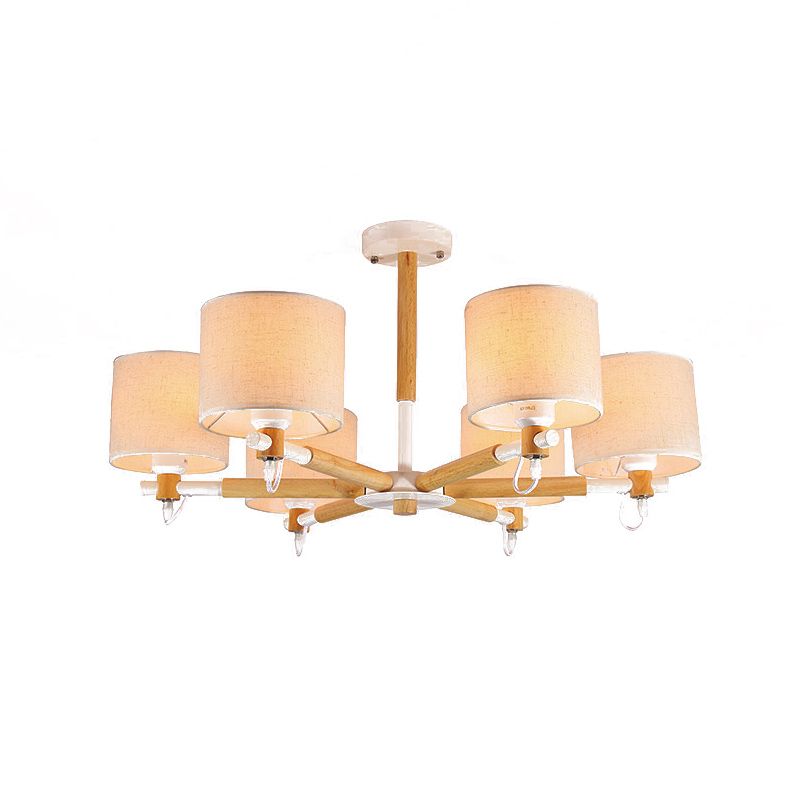 6 Heads Living Room Semi Flush Chandelier Nordic Wooden Ceiling Mount Light with Cylinder Fabric Shade