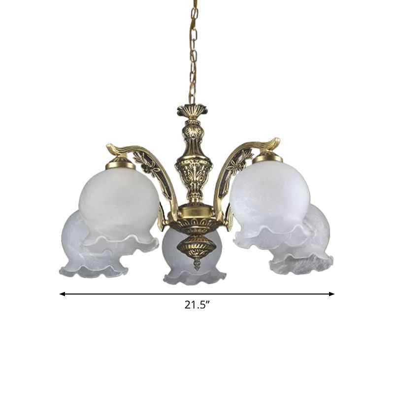 Retro Dome Shade Chandelier 5-Bulb White Glass Hanging Pendant Light with Ruffled Trim in Bronze