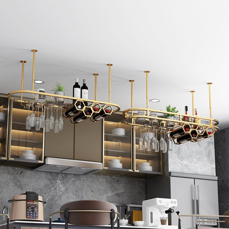 Gold Metal Kitchen Wine Holder with Glass Holder & Storage Shelf