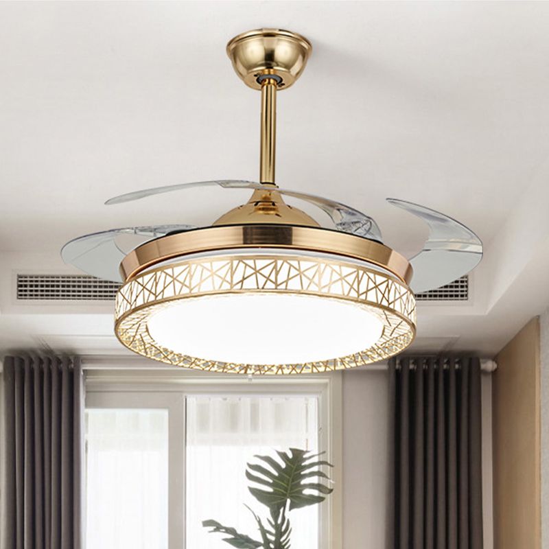 42 "brede LED semi-flush plafondlicht minimalisme ring metalen hanger ventilatorlamp in zilver met 4 heldere messen, externe/wandregeling/3 kleurlicht