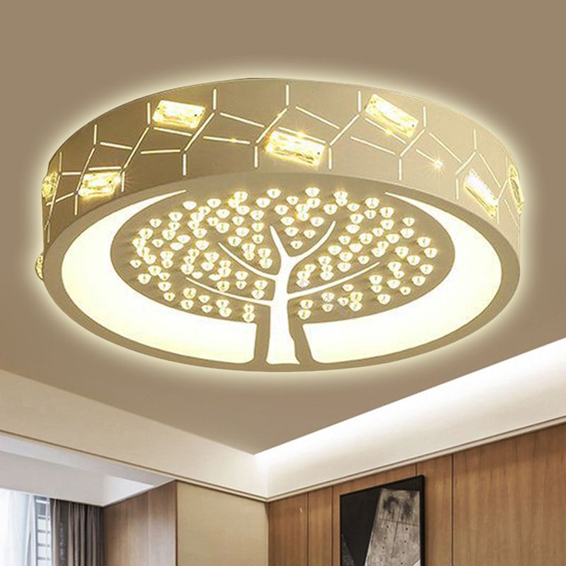 Plafonnier LED rond à motif d'arbre, éclairage de plafond contemporain en métal pour salon, avec perle de cristal, lumière blanche/chaude