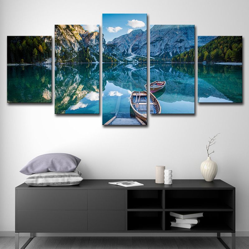 Modernism Canvas Wall Art Blue Lake Reflection of Mountain and Boat Scenery Wall Decor
