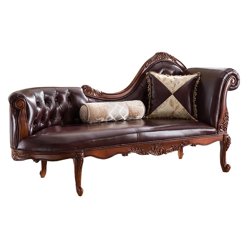 Traditional Dark Brown Genuine Leather Chaise Rolled Arms Tufted Accent Chair