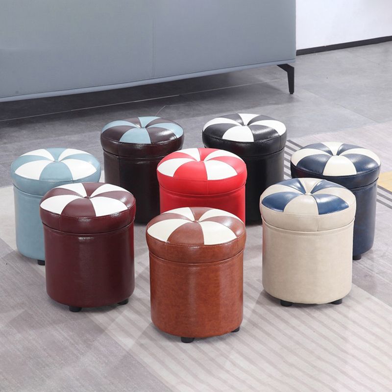 Modern Pouf Ottoman Faux Leather Tufted Geometric Printed Cylinder Shape Ottoman