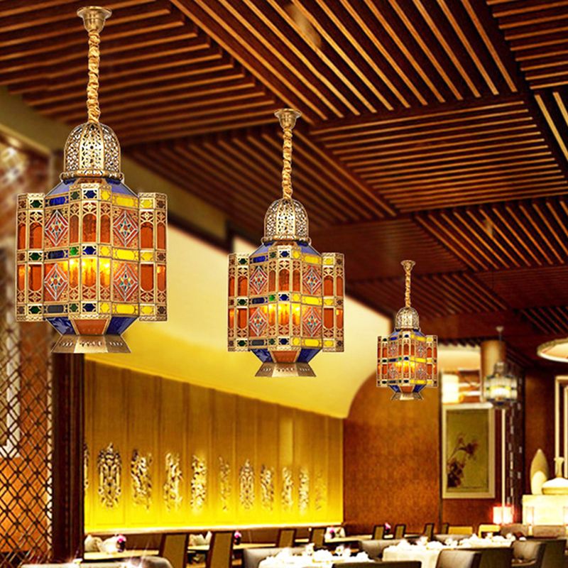 Geëtst lantaarn restaurant plafondlamp traditionele gekleurd kunstglas 3 koppen messing hangende kroonluchter