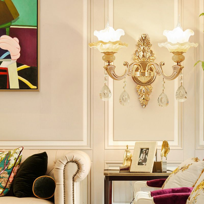 Frosted Glass Lotus -vormige wandbevestiging Licht Vintage woonkamer SCONCE LICHTING IN GOUD