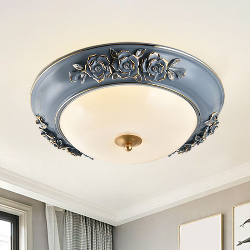 Keramische geschnitzte Rosen-Einbauleuchte Rural 12"/14"/18" W LED-Schlafzimmer-Deckenleuchte in Blau mit weißem Glasschirm